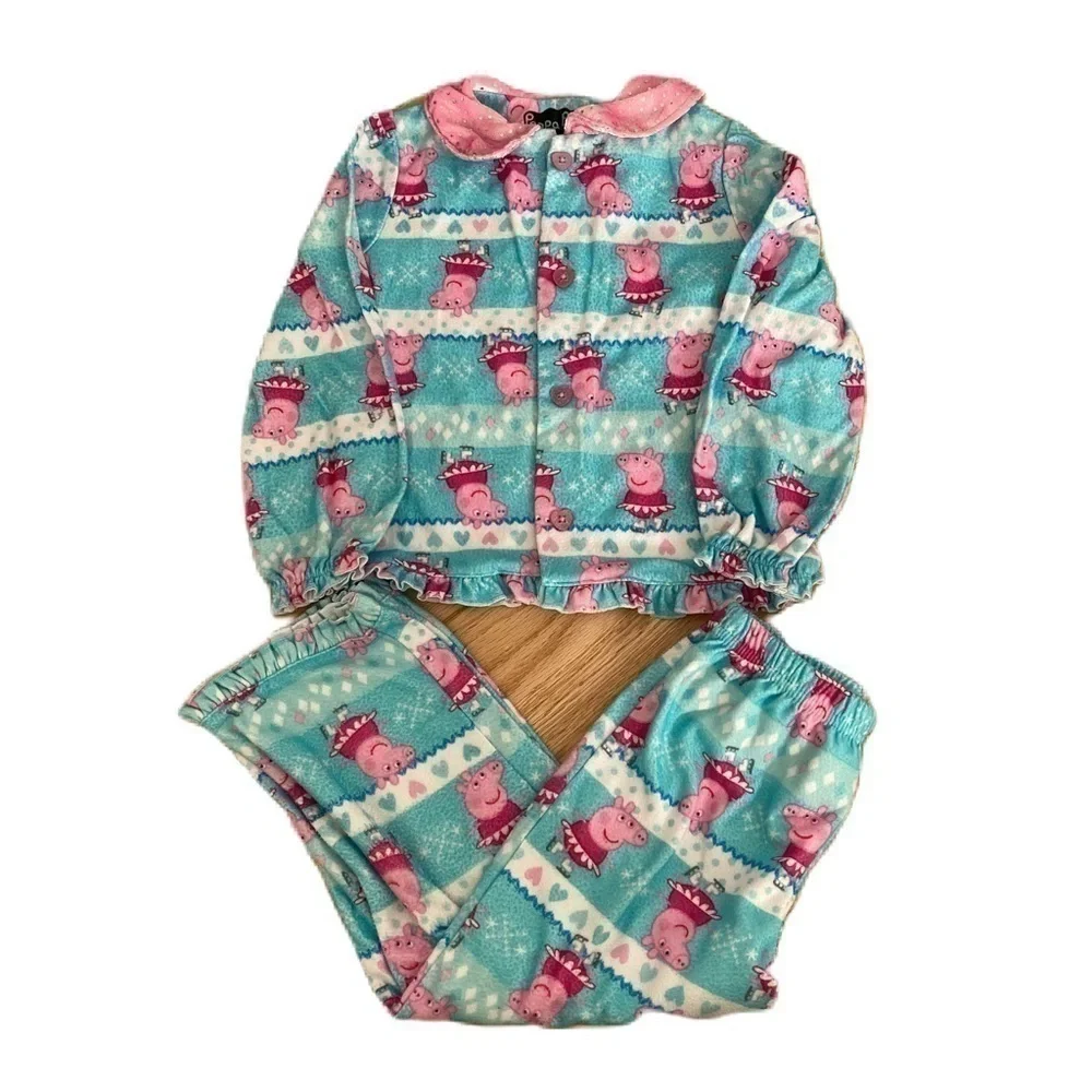 Peppa Pig Pajama Set 4T Blue Pink Girls 2 Piece Sparkle Collared Button Down